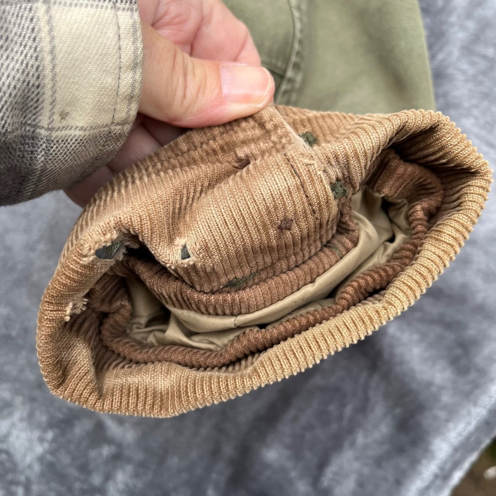 LL Bean Womens Field Coat Barn Jacket Olive Green Corduroy Trim Plaid Lined L - Picture 3 of 10